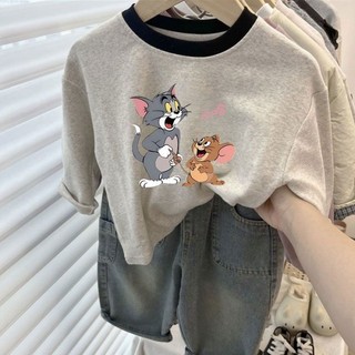 Áo thun dài tay cotton nguyên chất cho bé gái và bé trai Áo thun in hình Tom Jerry đáy quần