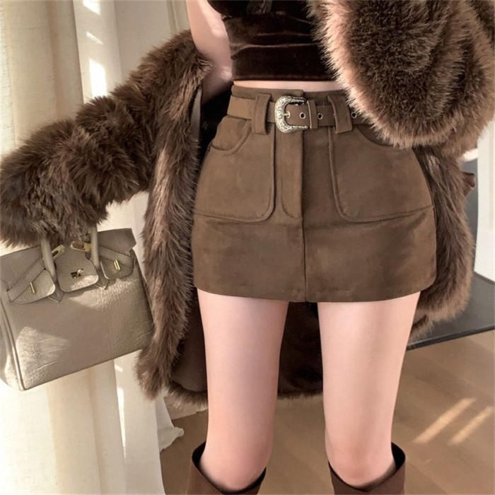 Da hoẵng Hot Girl Váy Váy ngắn Váy ngắn eo cao Giày bốt giảm béo