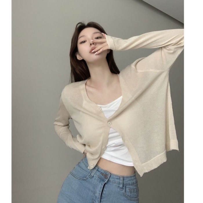 Áo cardigan chống nắng bằng lụa băng cho nữ mỏng xuân hè với váy dây và áo sơ mi dài tay điều hòa d
