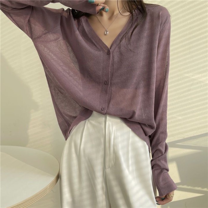 Áo cardigan chống nắng bằng lụa băng cho nữ mỏng xuân hè với váy dây và áo sơ mi dài tay điều hòa d