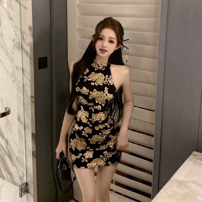 Váy màu đen bronzing váy bó sát của Trung Quốc mỏng hở lưng sườn xám mới của Trung Quốc