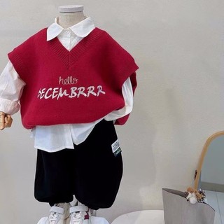 Áo vest dệt kim thêu chữ quần áo trẻ em đẹp trai phong cách Hàn Quốc áo vest nam nữ sành điệu màu đ