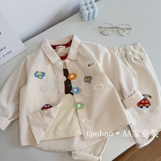 Áo Sơ Mi Bé Trai Cotton Nguyên Chất Hoạt Hình Top Bé Gái Áo Dài Tay Phong Cách Áo Sơ Mi Thêu