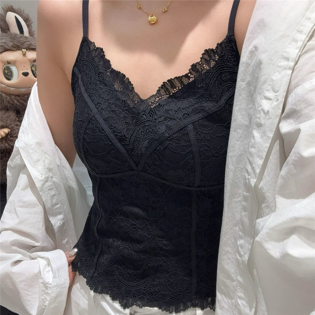 Camisole nữ ren Pháp có miếng lót ngực, dáng ôm, phù hợp mùa thu, thích hợp mặc cả bên trong lẫn bên ngoài.