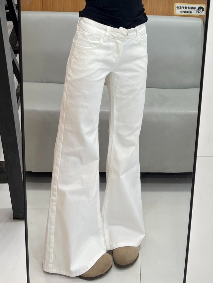 Quần jeans bootcut trắng cạp thấp của Mỹ dành cho nữ, phong cách mùa xuân mới, rộng rãi và linh