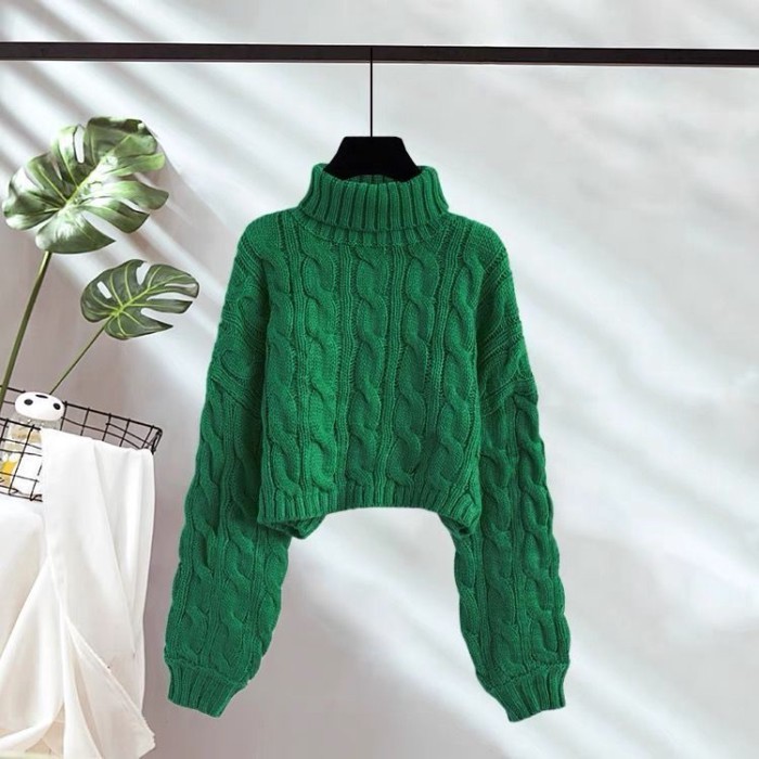 Áo len chui đầu cổ cao mới xoắn ngắn dành cho nữ trong mùa thu đông phong cách mới phong cách