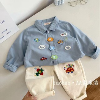 Áo Sơ Mi Bé Trai Cotton Nguyên Chất Hoạt Hình Top Bé Gái Áo Dài Tay Phong Cách Áo Sơ Mi Thêu