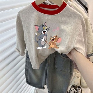 Áo thun dài tay cotton nguyên chất cho bé gái và bé trai Áo thun in hình Tom Jerry đáy quần