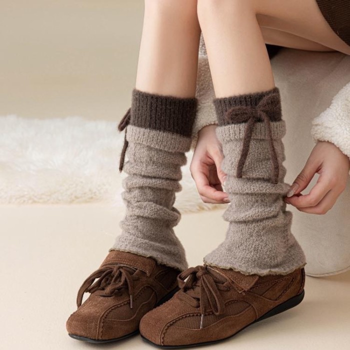 Tất Nữ Thu Đông Tương phản Màu Nơ Cọc Giữ Ấm Bắp Chân