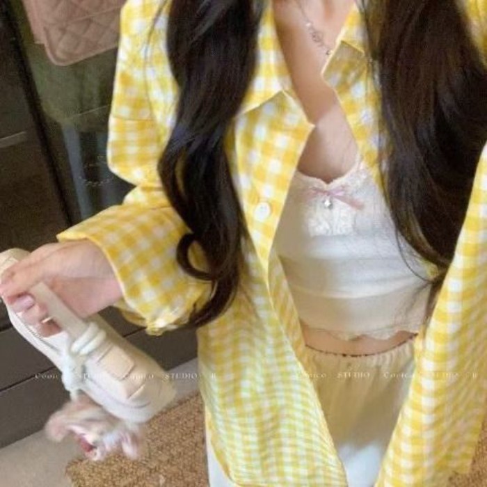 Áo sơ mi kẻ sọc dài tay màu vàng chống nắng giảm béo áo sơ mi nam nữ dáng rộng