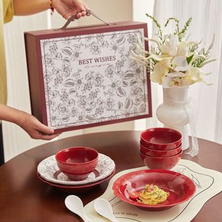 Bát cơm Bát gốm chịu nhiệt độ cao Đĩa đĩa Retro Hàn Quốc Đĩa ăn màu đỏ