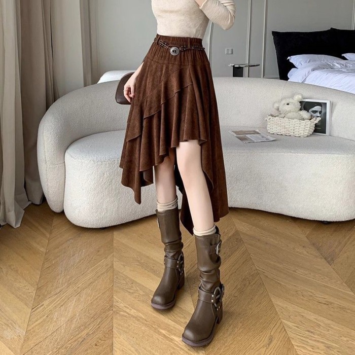 Váy da hươu xếp nếp kiểu Pháp dành cho nữ mùa thu Váy phồng chữ A cạp cao không đều, dài vừa