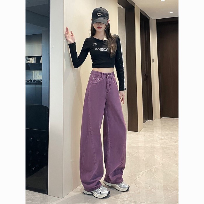 Size Lớn Quần Jean Tím Mùa Xuân Mới Ống Rộng Cao Cấp Giảm Béo Quần Ống Rộng