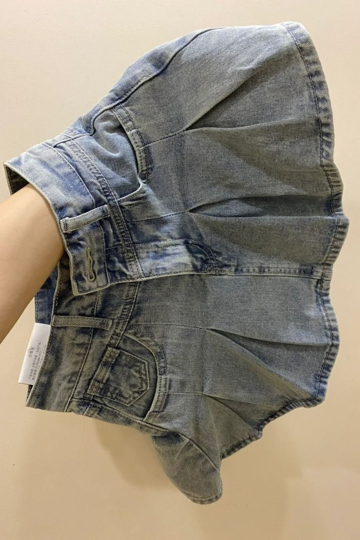 Váy denim cổ điển cỡ lớn mùa hè mới chống lộ thiết kế eo cao váy xếp ly giảm béo