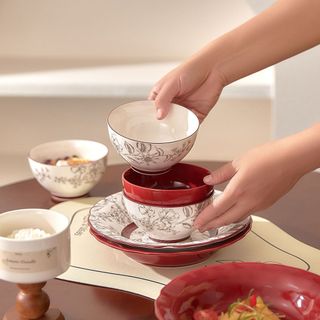 Bát cơm Bát gốm chịu nhiệt độ cao Đĩa đĩa Retro Hàn Quốc Đĩa ăn màu đỏ