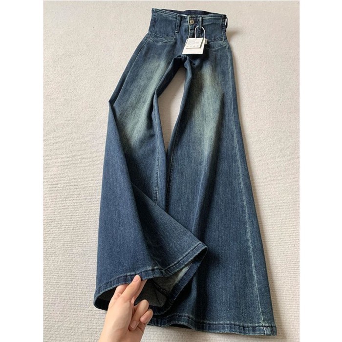 Quần jean bootcut phong cách retro của Mỹ dành cho nữ mùa thu phong cách mới quần ống loe lưng cao