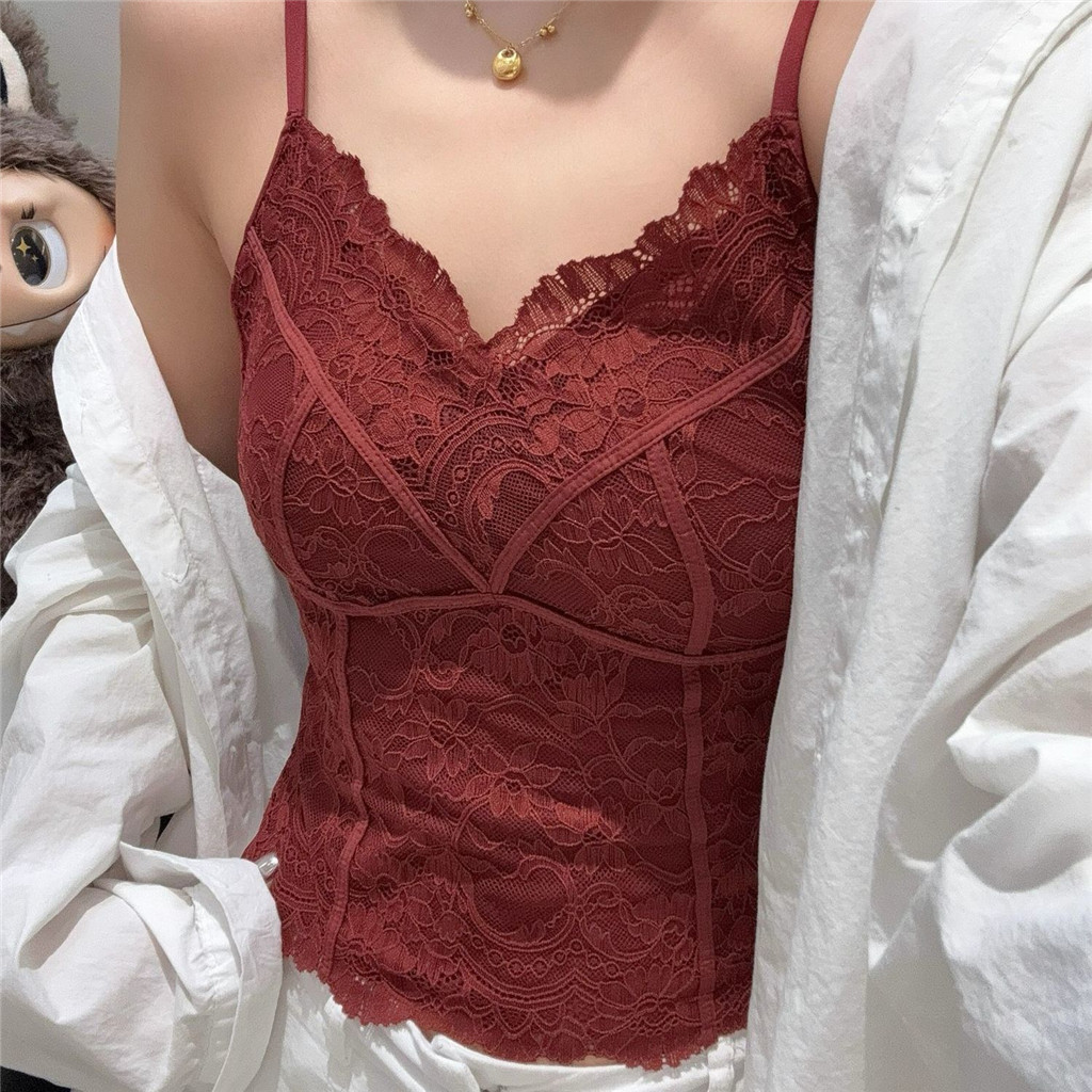 Camisole nữ ren Pháp có miếng lót ngực, dáng ôm, phù hợp mùa thu, thích hợp mặc cả bên trong lẫn bên ngoài.