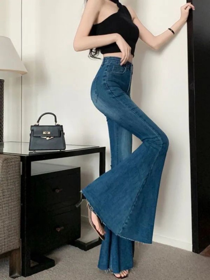 Quần jean ống loe cỡ lớn đường phố cao cấp của Mỹ dành cho nữ, quần ống rộng đuôi cá dáng ôm
