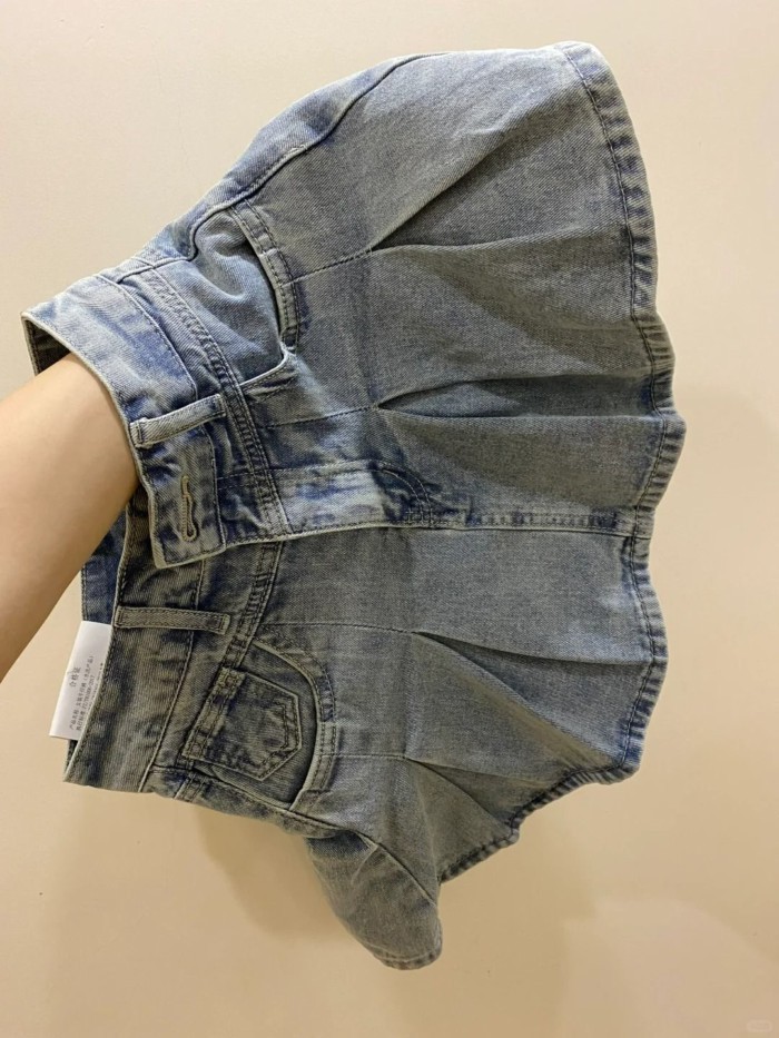 Váy denim cổ điển cỡ lớn mùa hè mới chống lộ thiết kế eo cao váy xếp ly giảm béo