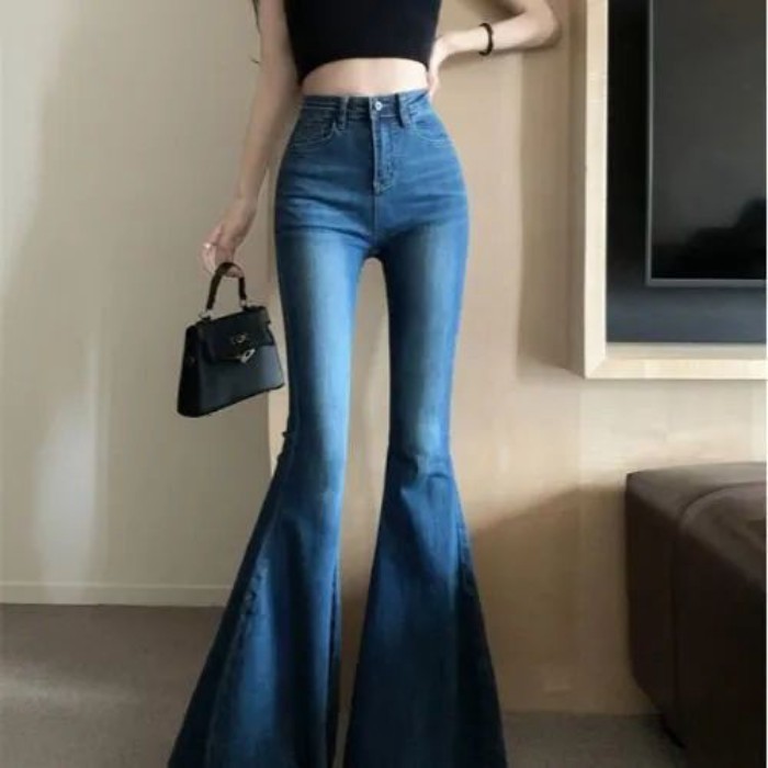 Quần jean ống loe cỡ lớn đường phố cao cấp của Mỹ dành cho nữ, quần ống rộng đuôi cá dáng ôm