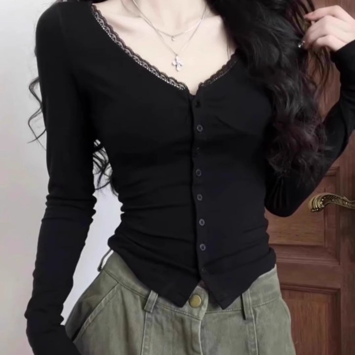 Áo thun nữ dài tay cổ chữ V hot girl mùa thu viền ren giảm béo