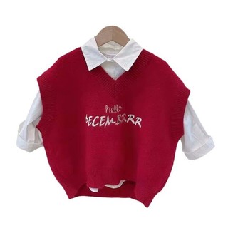 Áo vest dệt kim thêu chữ quần áo trẻ em đẹp trai phong cách Hàn Quốc áo vest nam nữ sành điệu màu đ