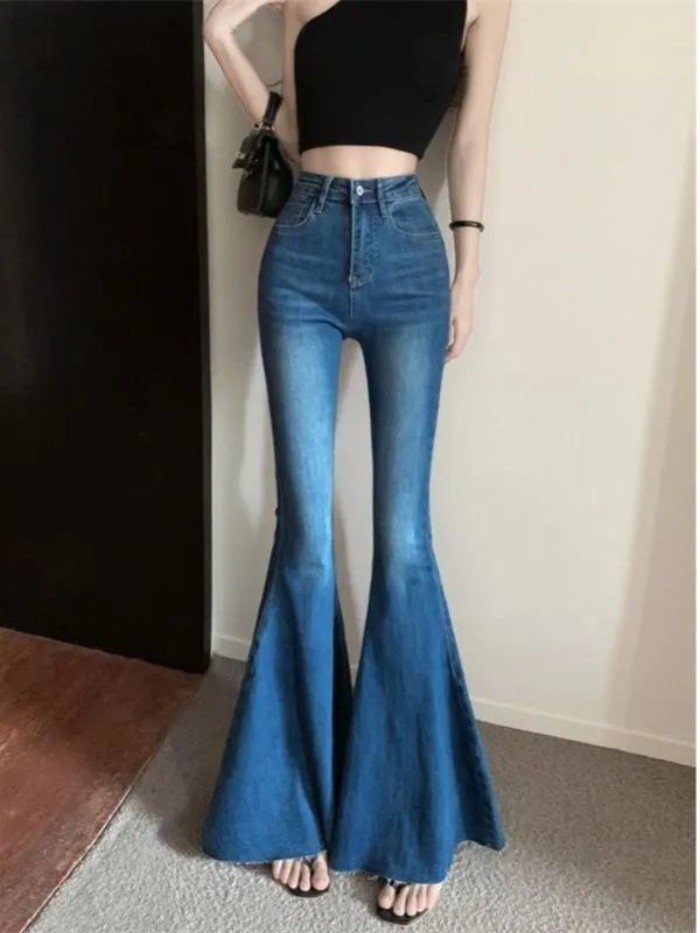 Quần jean ống loe cỡ lớn đường phố cao cấp của Mỹ dành cho nữ, quần ống rộng đuôi cá dáng ôm