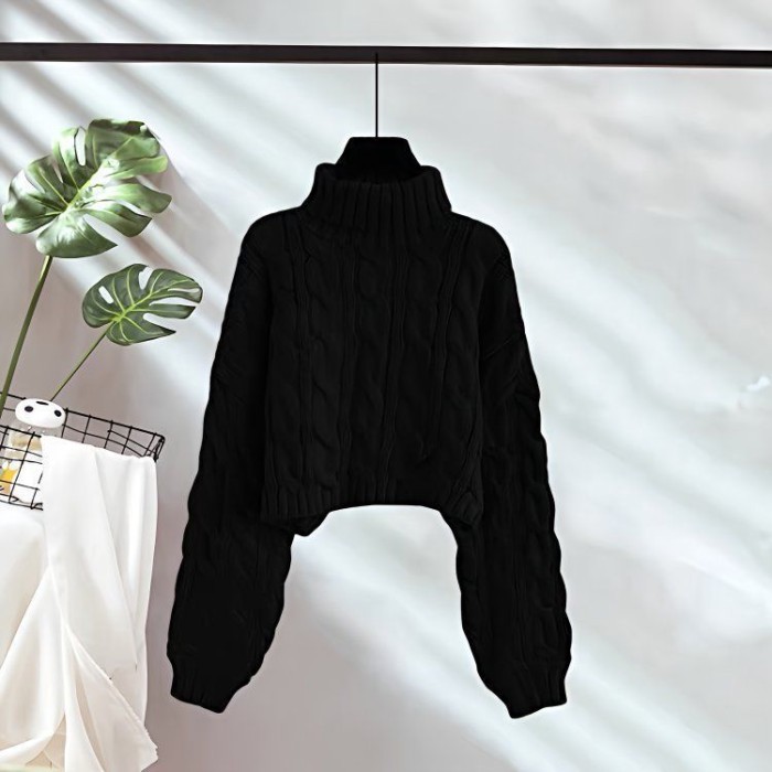 Áo len chui đầu cổ cao mới xoắn ngắn dành cho nữ trong mùa thu đông phong cách mới phong cách