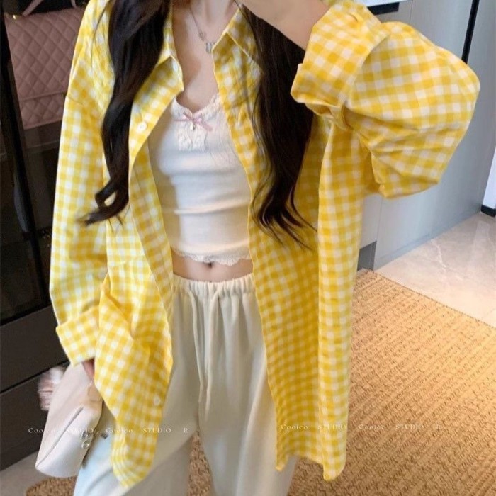 Áo sơ mi kẻ sọc dài tay màu vàng chống nắng giảm béo áo sơ mi nam nữ dáng rộng