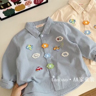 Áo Sơ Mi Bé Trai Cotton Nguyên Chất Hoạt Hình Top Bé Gái Áo Dài Tay Phong Cách Áo Sơ Mi Thêu