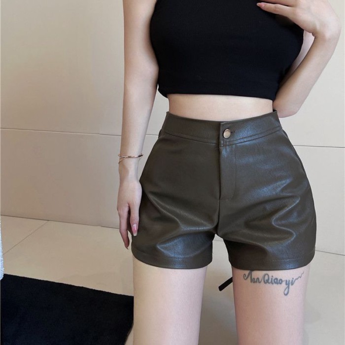 quần short da cho nữ, phong cách mới thu đông, đa năng, dáng rộng, ống rộng, giảm béo, lưng cao,