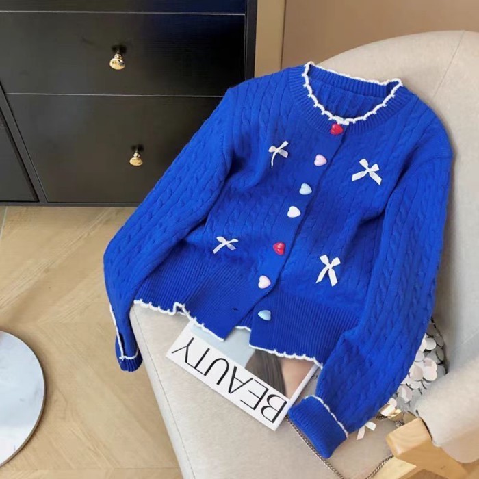 Áo khoác cardigan ngắn dệt kim thêu họa tiết xoắn ngọt ngào phong cách Hàn Quốc