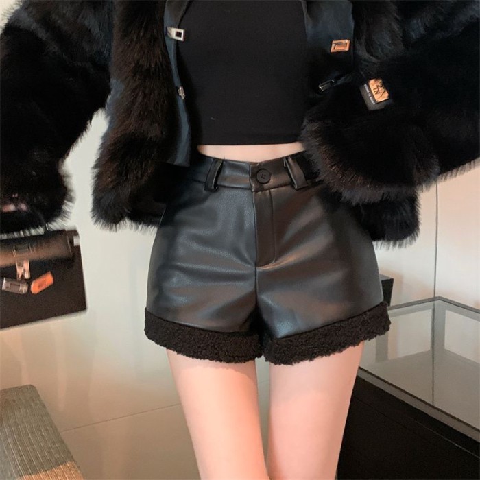 Quần dài chữ A giả len giả da PU thời trang mùa đông Quần short ống rộng Hàn Quốc