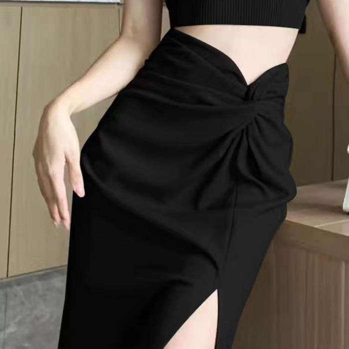 Váy xẻ tà màu đen dành cho nữ mùa hè thiết kế mỏng xếp ly lưng cao váy thẳng dài ngang hông