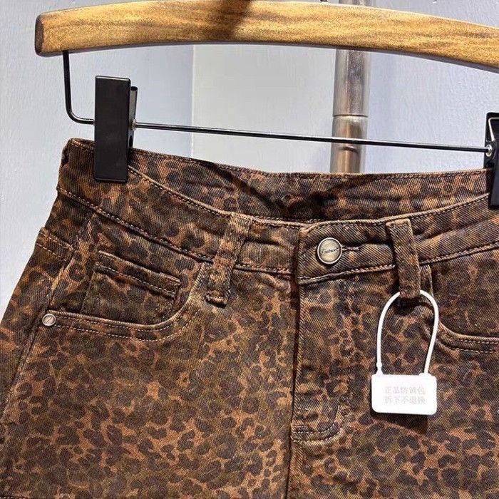 nhỏ phong cách retro giản dị mới quần short denim in họa tiết da báo eo cao mỏng mỏng ngọt ngào
