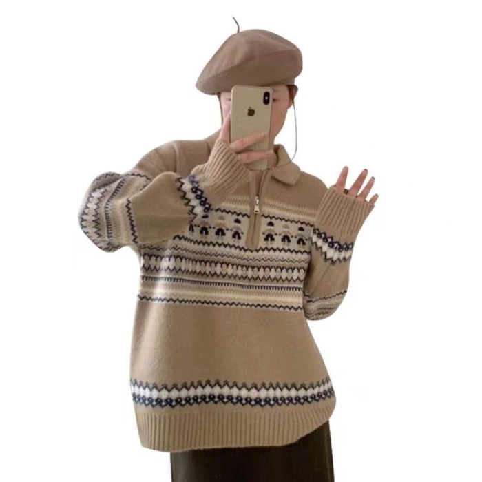 Áo len nửa dây kéo có hoa văn đa dạng đầy màu sắc cổ đẹp Fair Isle