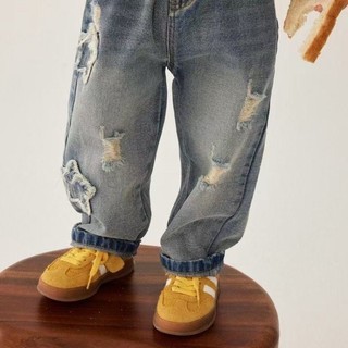 Quần denim trẻ em denim mềm mại cho bé trai có thiết kế thêu vá quần jean rách không phai màu