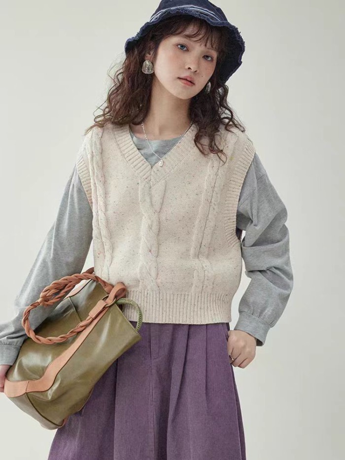 Áo dệt kim xếp chồng xoắn dành cho nữ Áo vest dệt kim cổ chữ V ngắn bên ngoài dành cho nữ