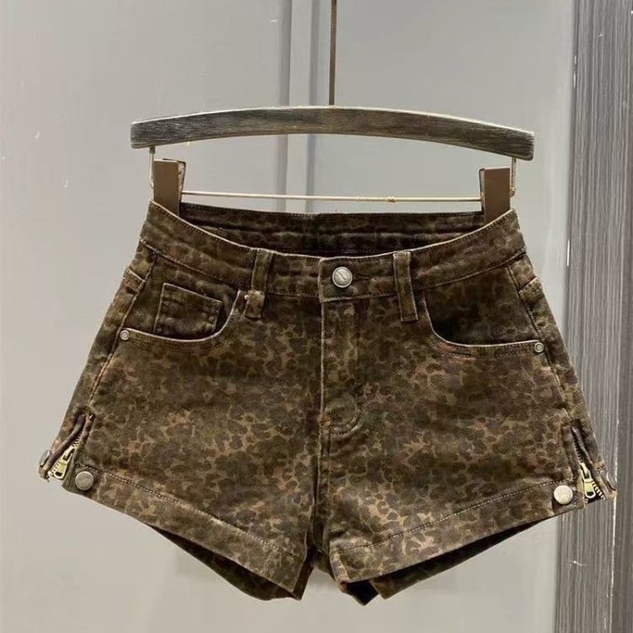 nhỏ phong cách retro giản dị mới quần short denim in họa tiết da báo eo cao mỏng mỏng ngọt ngào