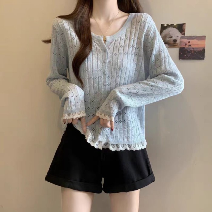 Áo cardigan ren cổ tròn phong cách Hàn Quốc với áo len mỏng màu trơn hợp thời trang
