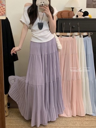 Nối váy xòe lớn váy ô mùa hè nữ eo cao dáng rộng váy màu trơn váy dài