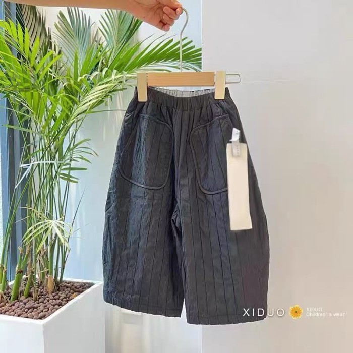 Quần áo trẻ em Hàn Quốc quần bé gái 25 mùa thu đông unisex plus nhung trẻ em dáng rộng sọc dọ