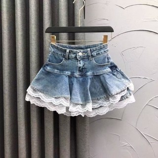 Váy denim xù lông khâu mùa hè mới Váy mini chữ A cạp cao