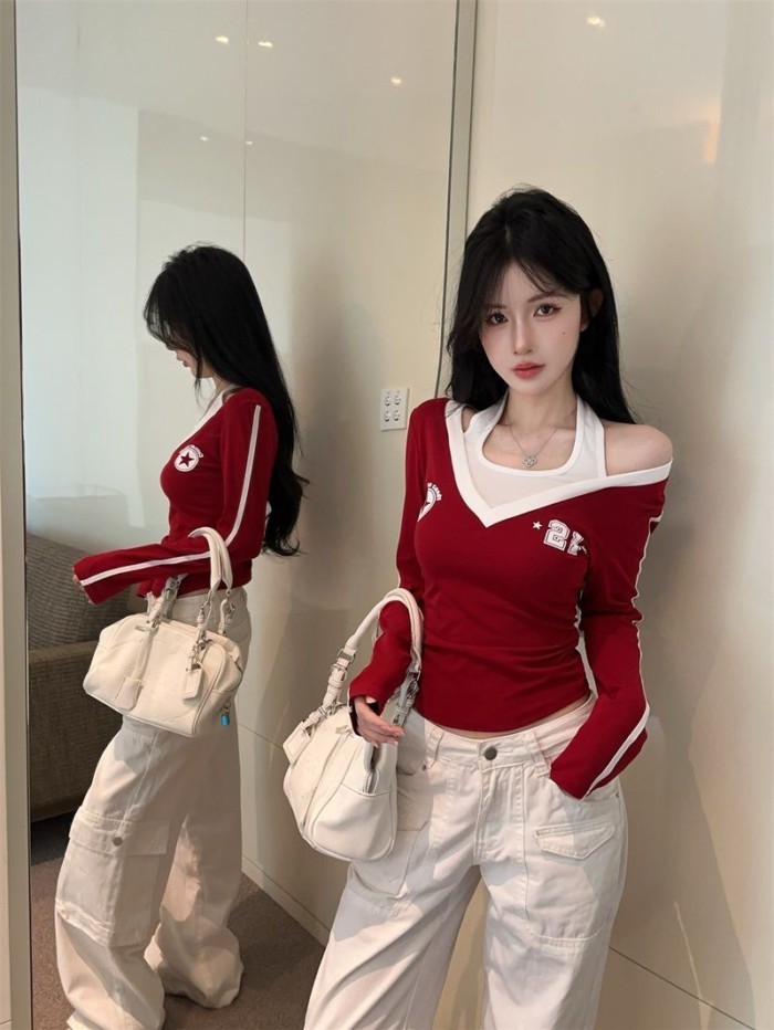 hot girl Mỹ phối màu tương phản áo thun giả hai dây dài tay cho nữ mùa thu áo trễ vai in họa tiế
