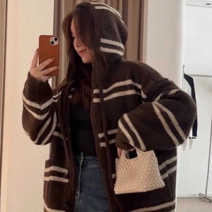 Áo len sọc cao cấp nữ mùa thu mới Fair Isle áo khoác cardigan dệt kim có mũ trùm đầu