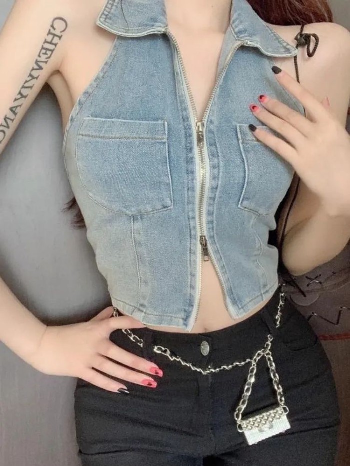 Áo vest denim Mỹ dành cho nữ mùa hè mới dáng ôm vừa vặn không tay cổ dây treo ngắn
