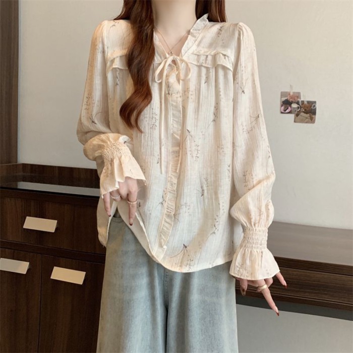 Áo sơ mi hoa kiểu Pháp, dáng suông thanh lịch, áo dài tay dáng rộng hoa