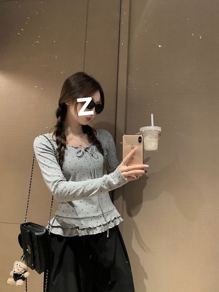 Áo thun dài tay chấm bi kiểu Pháp dành cho nữ, thắt nơ, áo nhung Đức slim fit