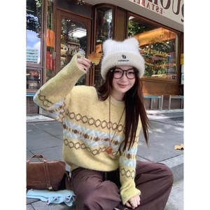 Áo len dệt kim Fair Isle Jacquard Áo len chui đầu dáng rộng