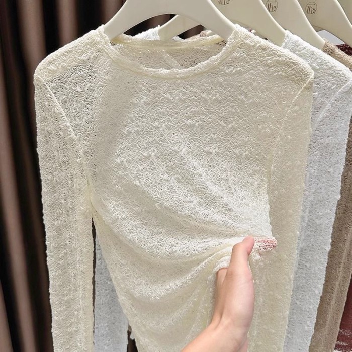 Áo sơ mi cổ tròn phối ren cho nữ mùa thu đông, áo thun dài tay bên trong slim fit cao cấp, áo
